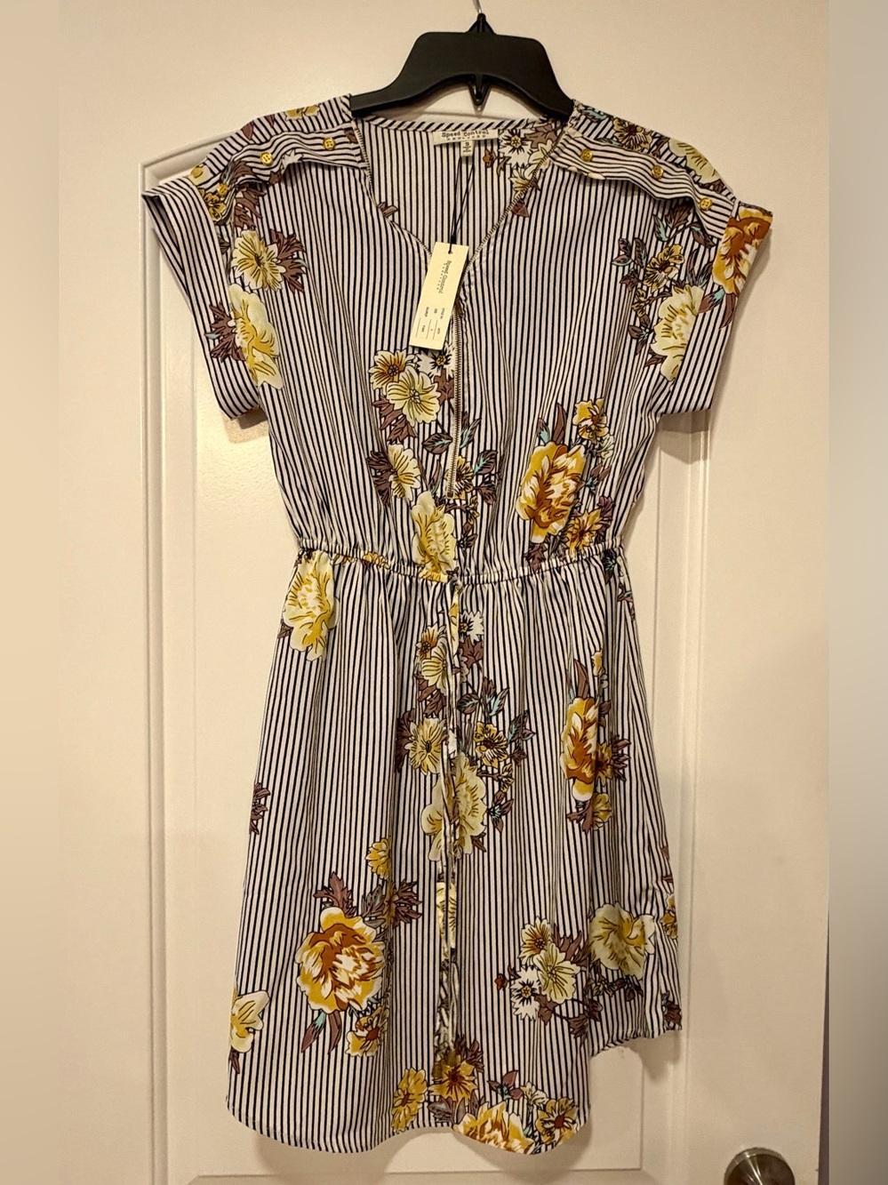Small Striped Floral Elastic-Waist Dress